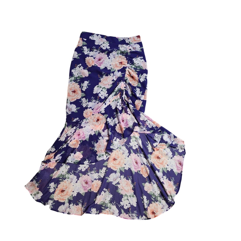 Forever 21 Purple Floral Ruched High Low Midi Skirt Size Medium